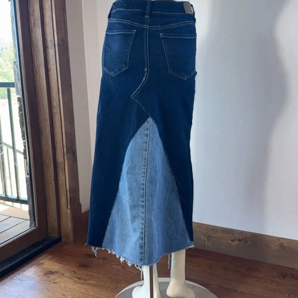 Up cycled‎ Bohemian Two Tone Blue Raw Hem Long Stretch Denim Maxi Skirt Size 6